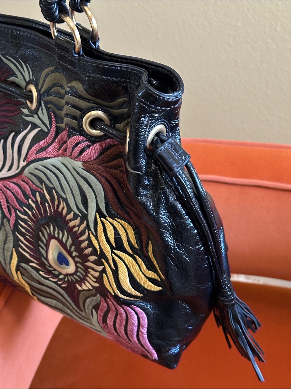 Isabella Fiore Black Leather Multicolor Embroidered Satchel - Picture 10 of 12